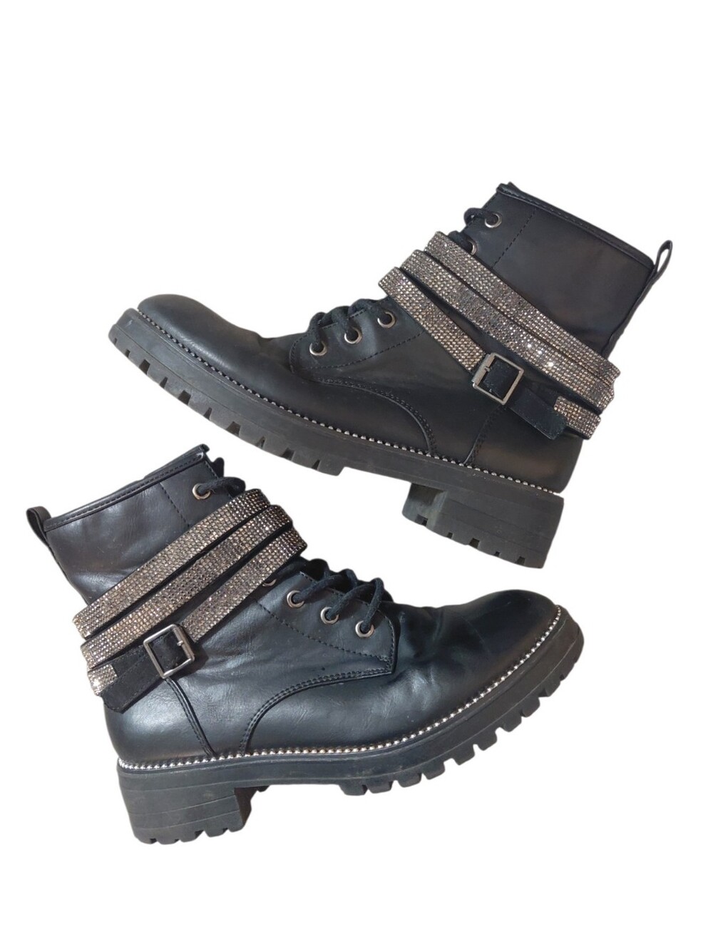 Steve Madden Black Lace-Up Combat Boots with Rhinestone Straps Size 8.5 M